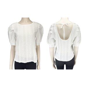ONLY Cottagecore Puff Sleeves Openback Eyelet Round Neck‎ Boho White Lace Top M